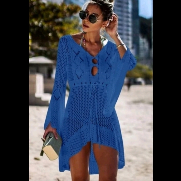 TRÏBE Crocheted lace high low swimsuit cover up  beach dress navy blue O/S NWT - Picture 3 of 7